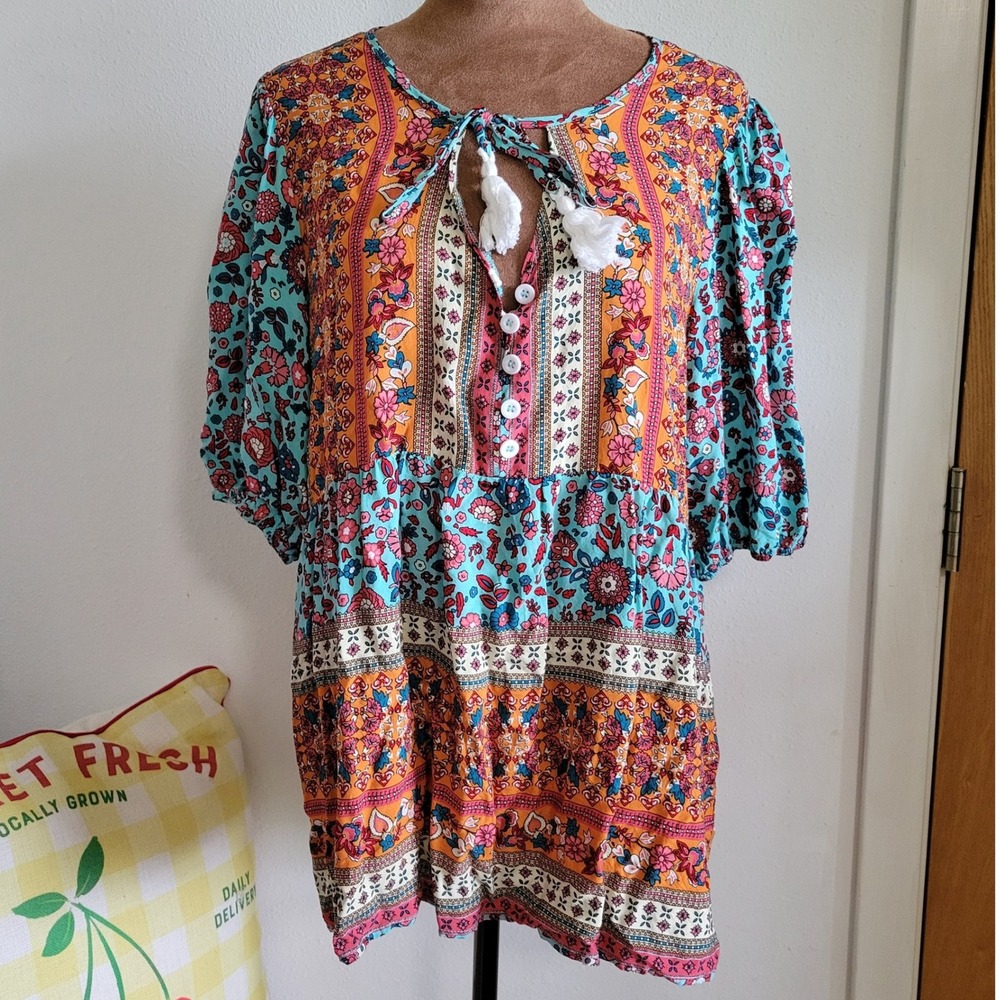 Boho Womens XL Floral Tassel Tie Tunic Top Turquoise Orange Mixed Print